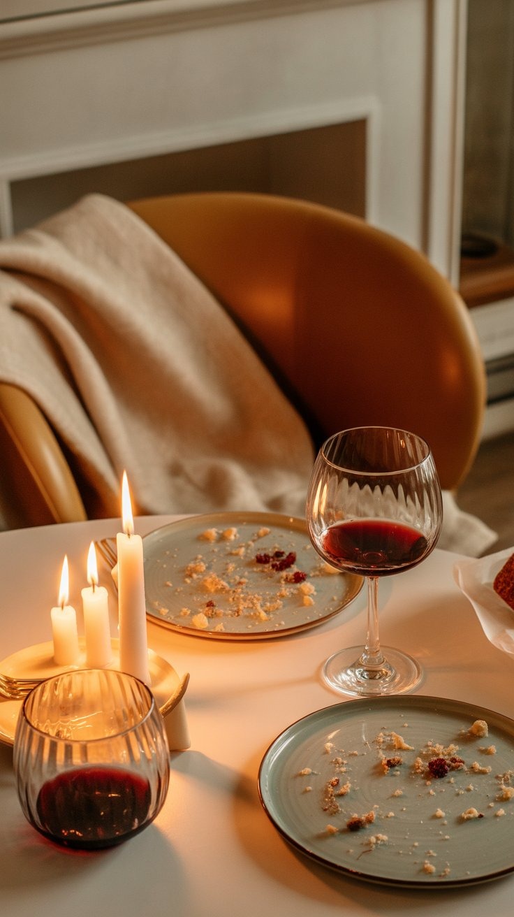 A candlelit winter dinner table after guests have left — glowing candles, half-filled glasses, and c