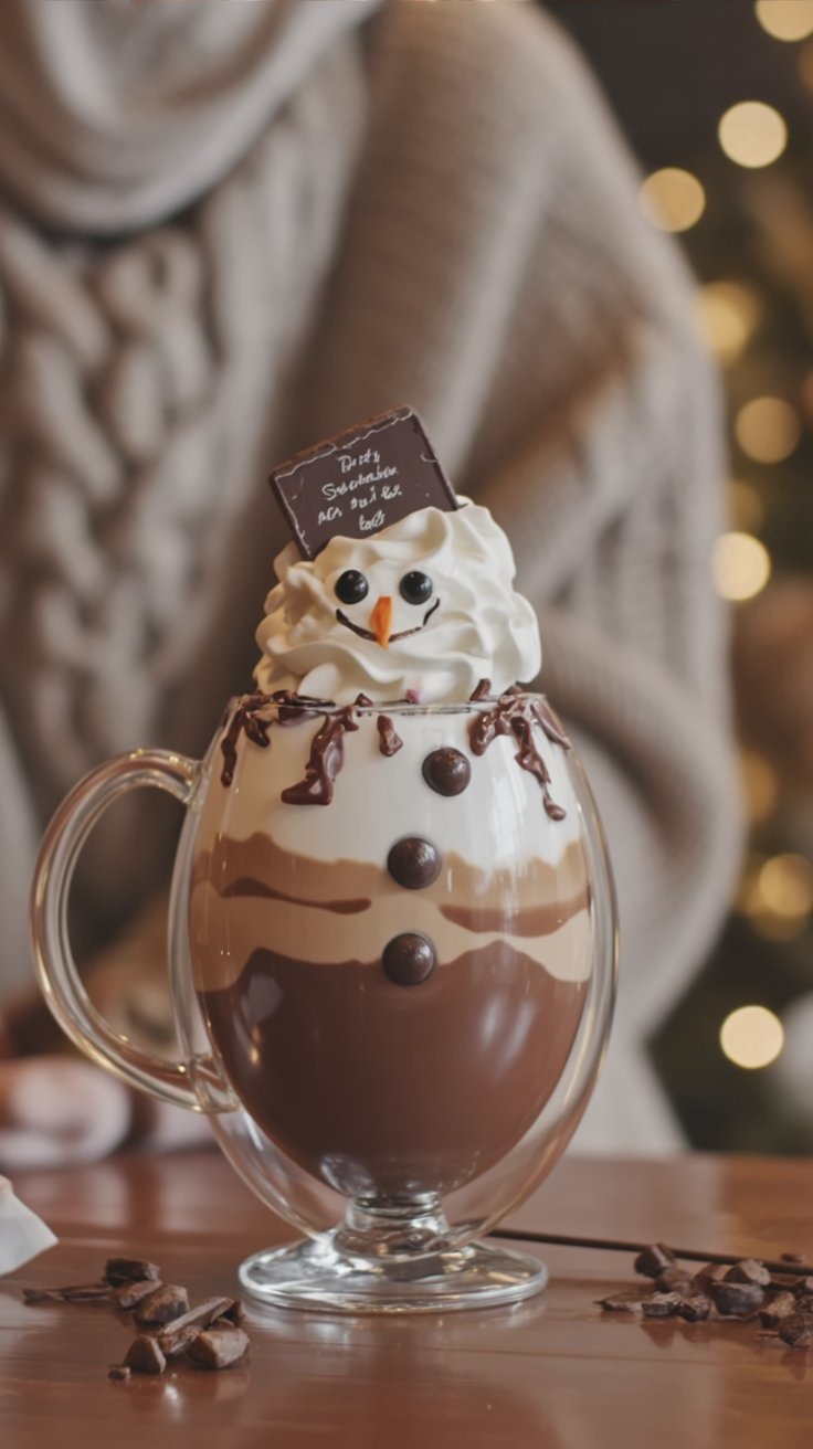 a cup of coffee with a snowman on top of it