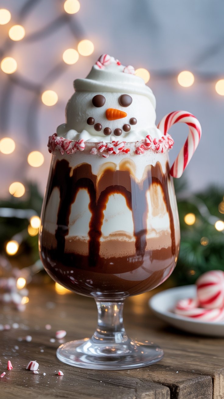 a chocolate milkshake with a snowman in the background