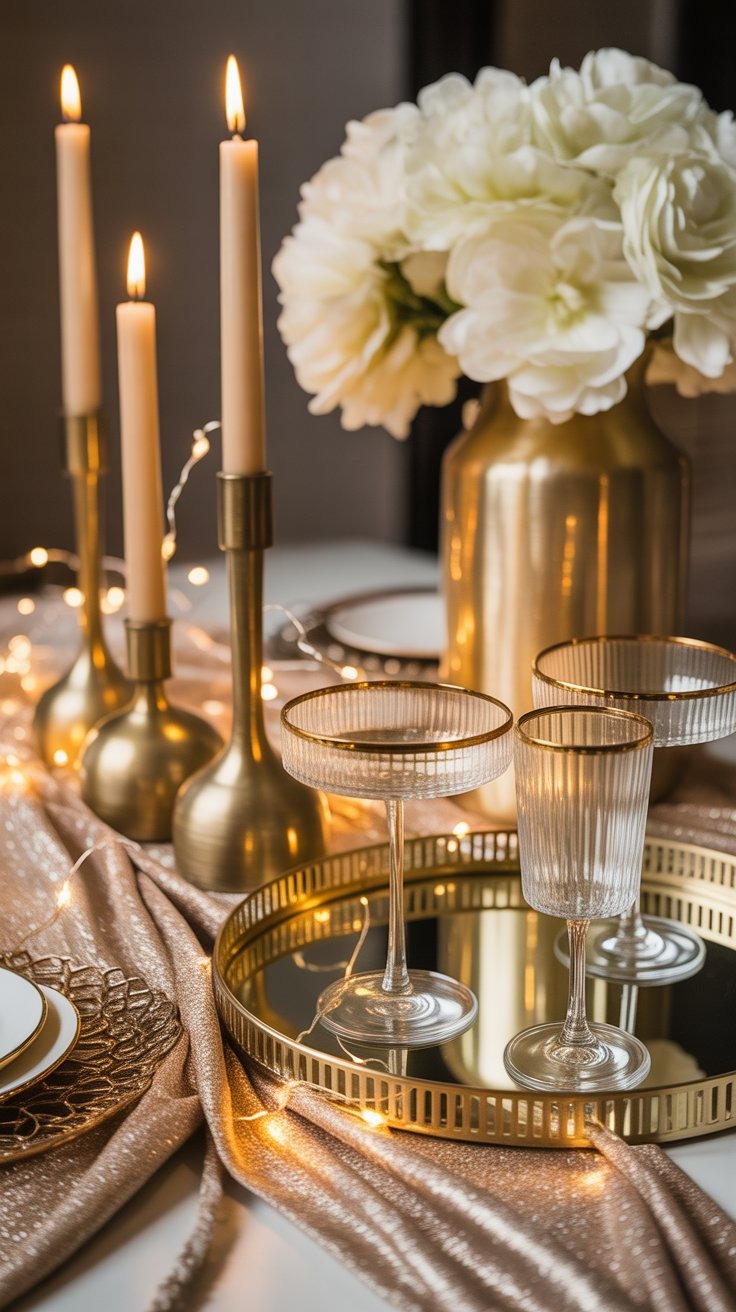 a table with a gold plated table setting