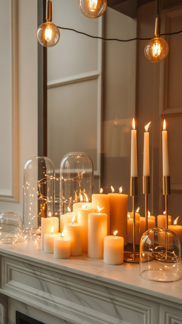 candles and candles are lit up on a mantle