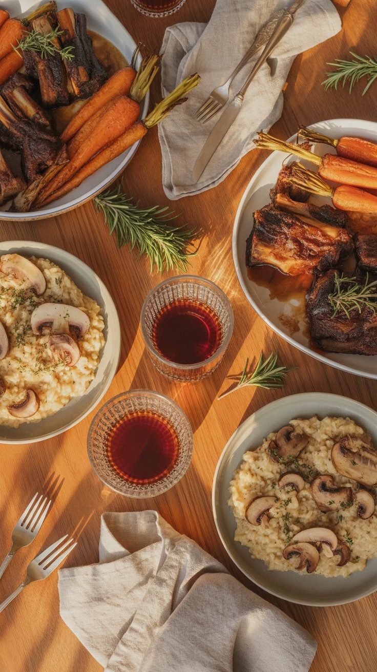 Warm winter dinner flat-lay with braised short ribs, risotto, roasted vegetables, and a steaming gla