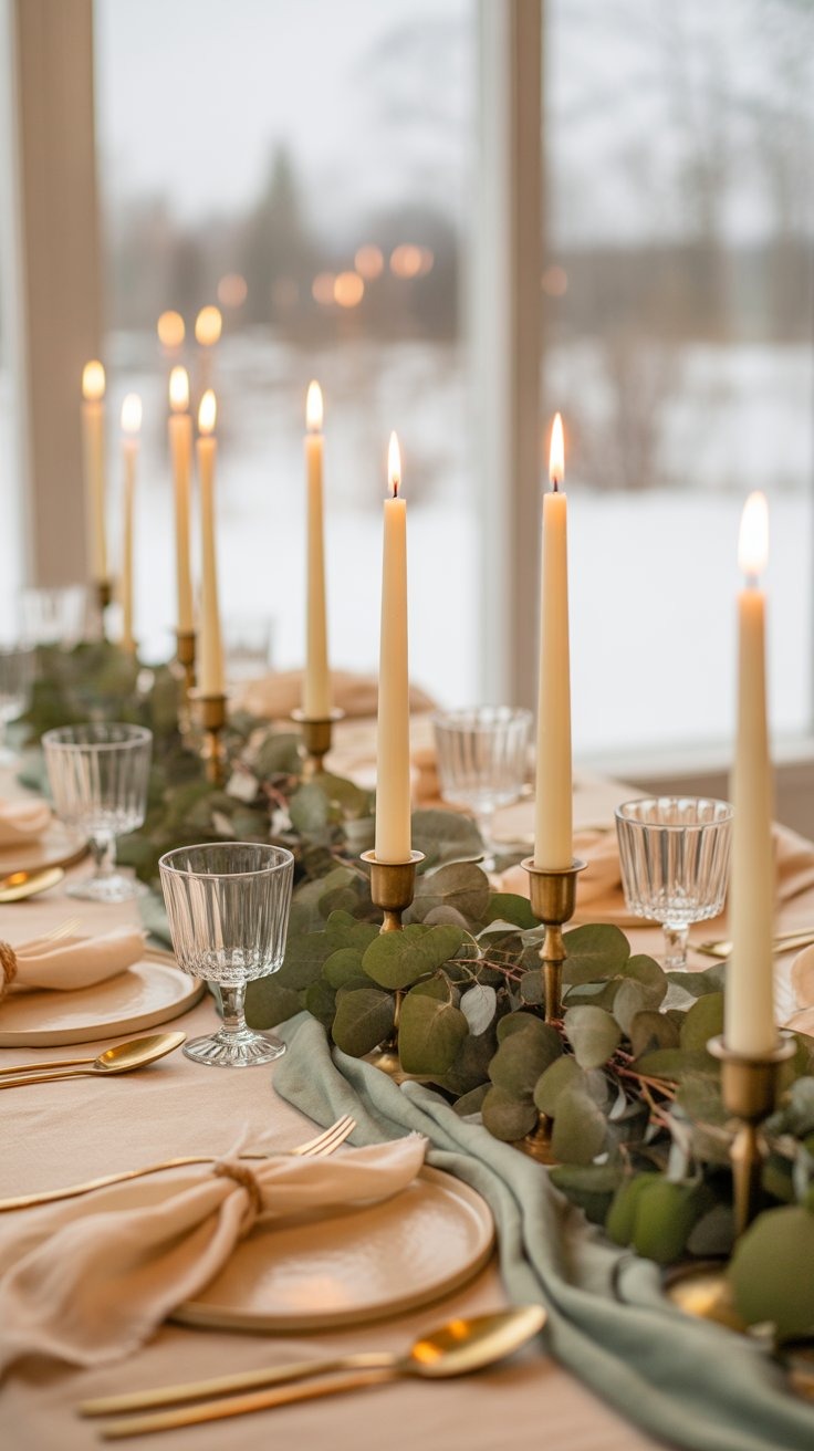 An intimate winter tablescape with candles, greenery, and neutral linens creating a softly glowing,