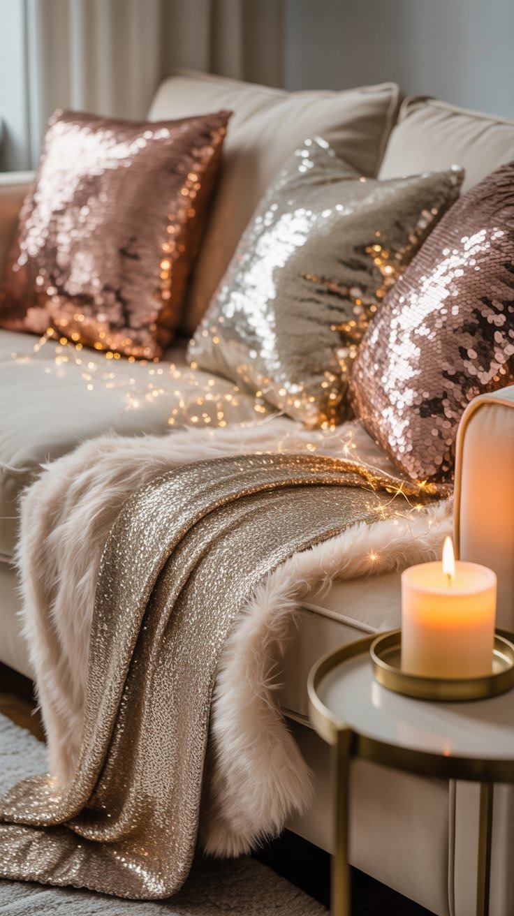 a living room with a couch and candles