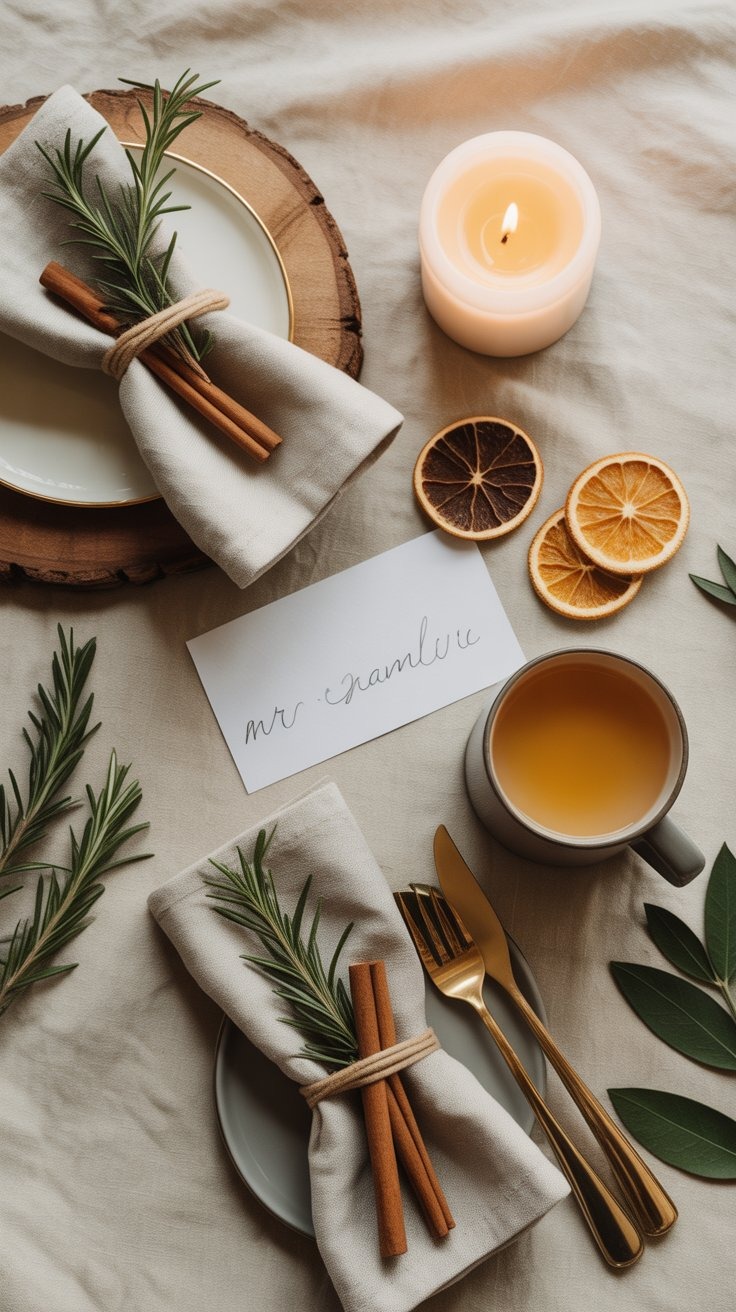 Elegant winter dinner details with rosemary napkin ties, dried oranges, and handwritten name cards s