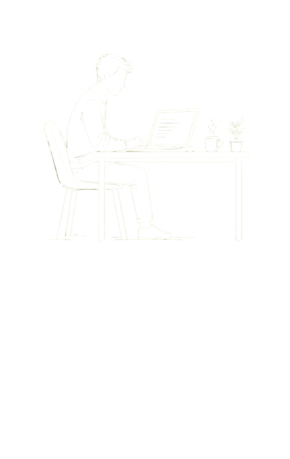 Line art illustration of a male developer coding on a laptop at a desk with coffee.