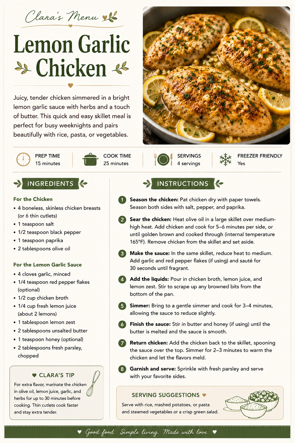 Lemon Garlic Chicken recipe infographic with detailed ingredients, step-by-step cooking instructions, and food photography.