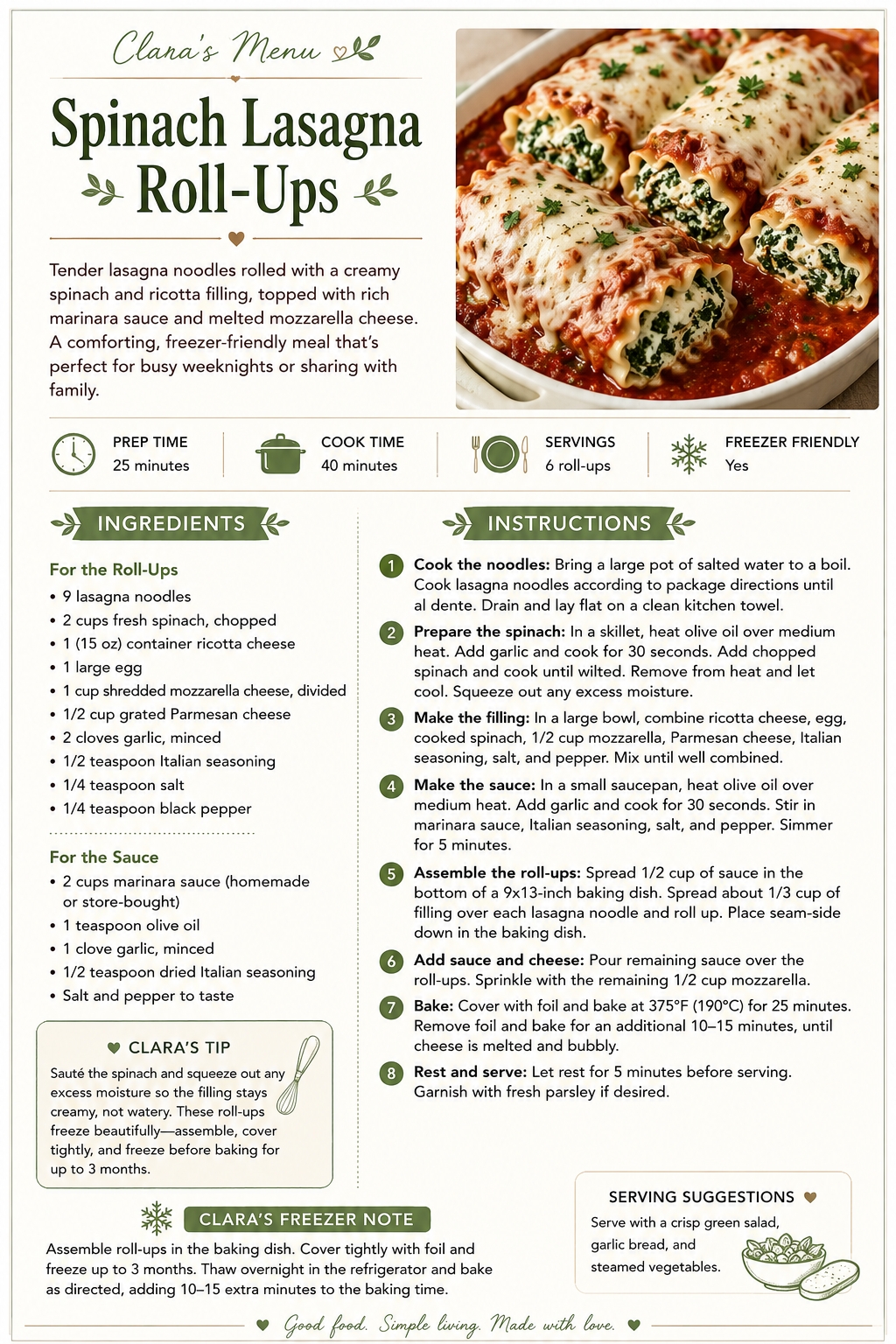 Recipe card for spinach lasagna roll-ups featuring a photo of baked pasta rolls with marinara and melted cheese.
