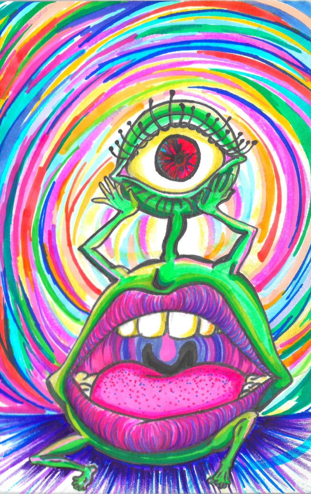 Super high Alien going whoa dude. with a lot of bright, iridescent, radiant, saturated colors.