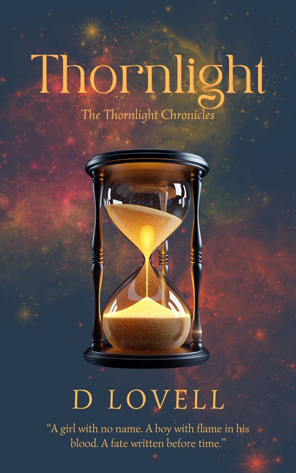 Thornlight book cover featuring a glowing hourglass against a vibrant space nebula background.
