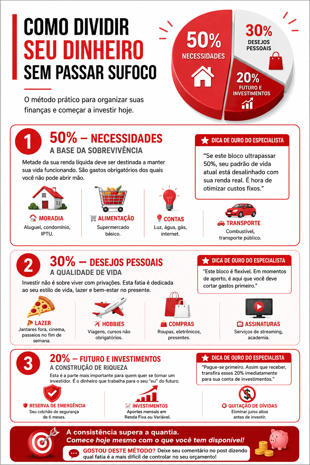 Infográfico da regra 50/30/20 com divisão do orçamento entre necessidades, desejos e investimentos