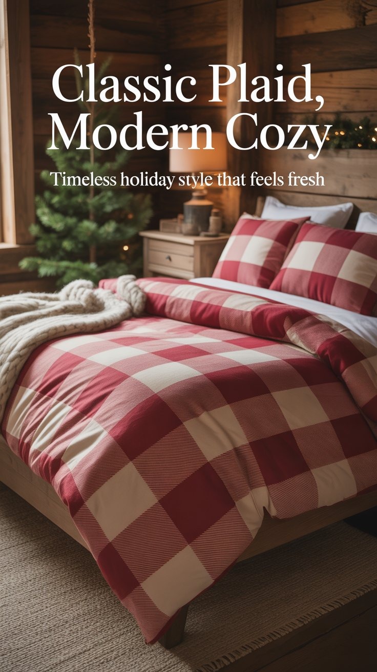 a bed with a red and white checkered comforter