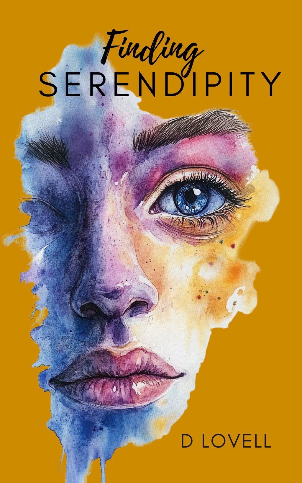 Watercolor book cover art for Finding Serendipity by D Lovell featuring a woman's face in purple and blue.