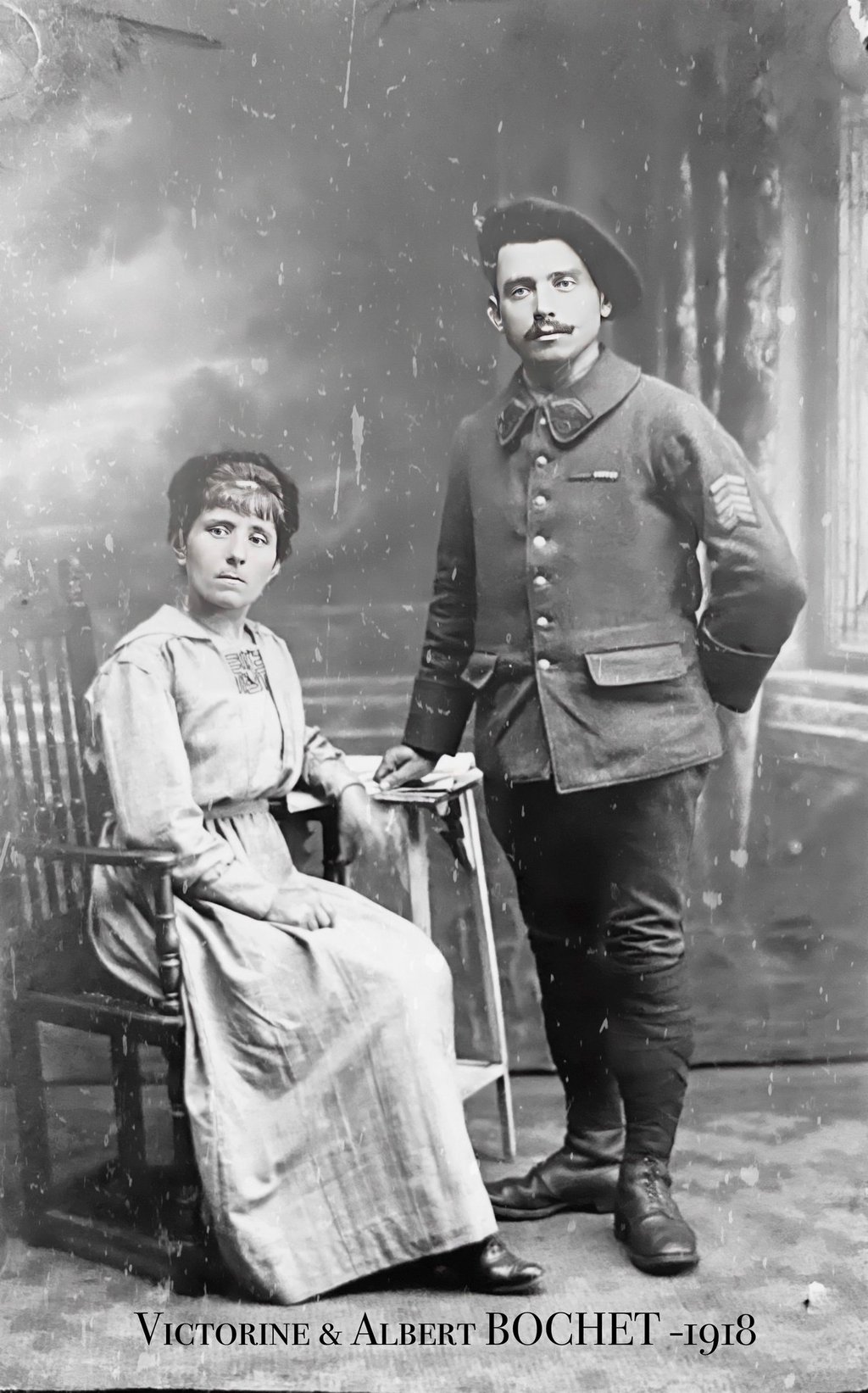 Vintage black and white 1918 portrait of Victorine and Albert Bochet in French military uniform.