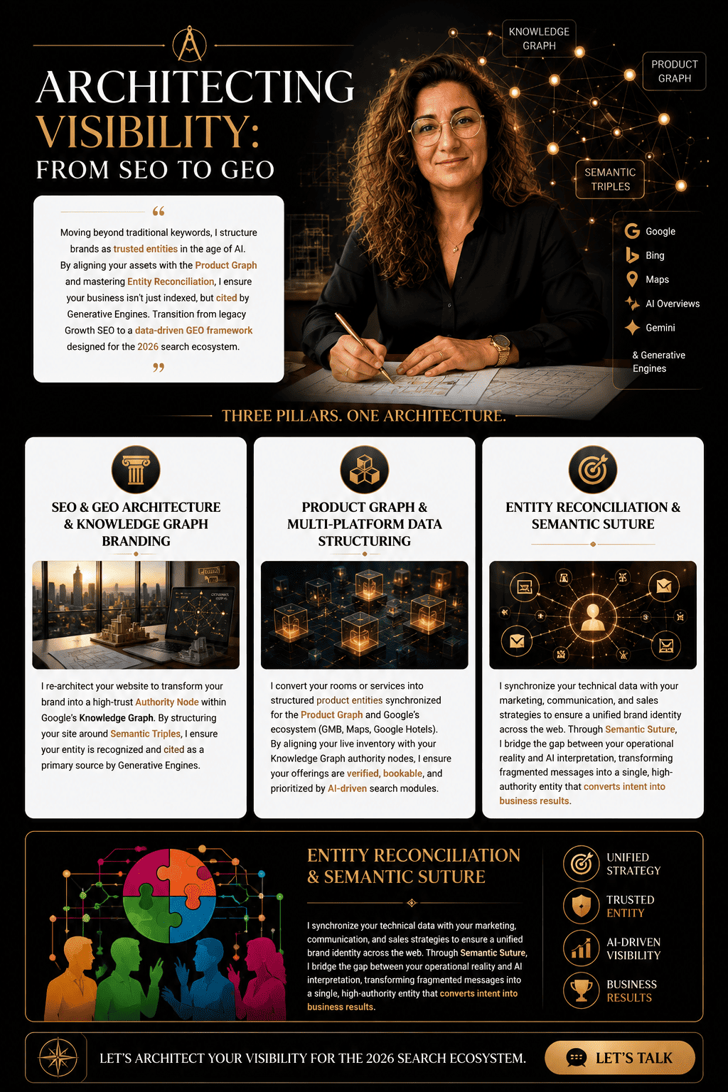 High-end infographic about architecting digital visibility from SEO to GEO