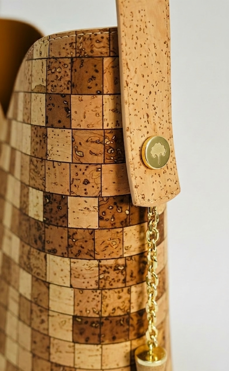 Eco-friendly checkered cork leather bucket bag with gold chain strap and tree logo detail.