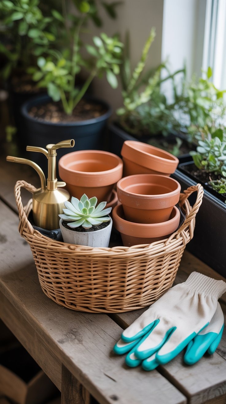 a basket with potsted plants and gardening tools