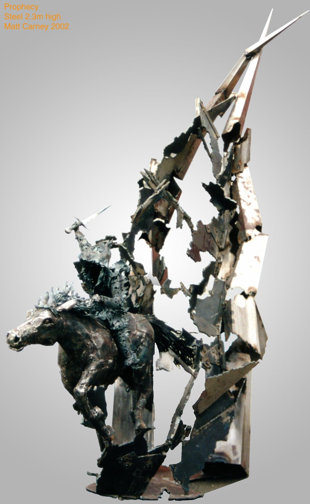 steel sculpture of one of the four horsemen of the apocalypse left view