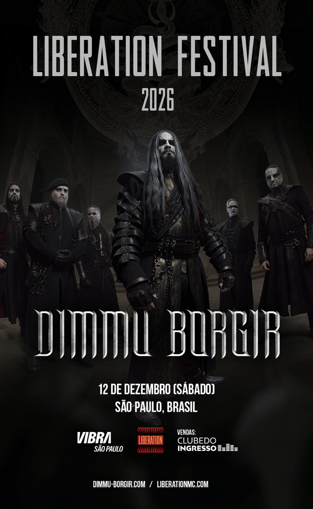 Poster em preto do Liberation Festival 2026 com a data 12 dezembro e o nome da banda Dimmu Borgir.