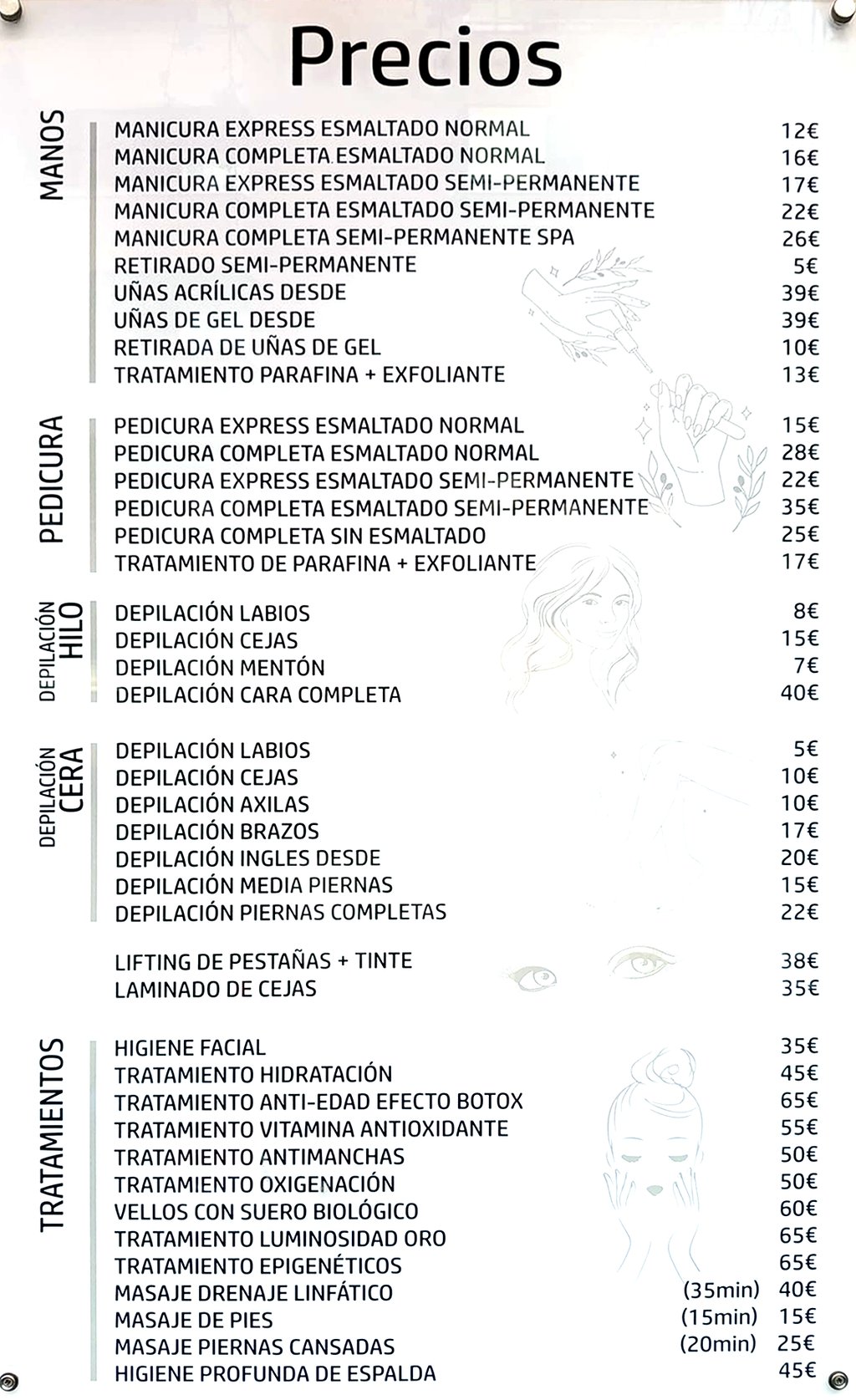 Menu of beauty salon service prices for manicures, pedicures, waxing, and facial treatments in Spanish.
