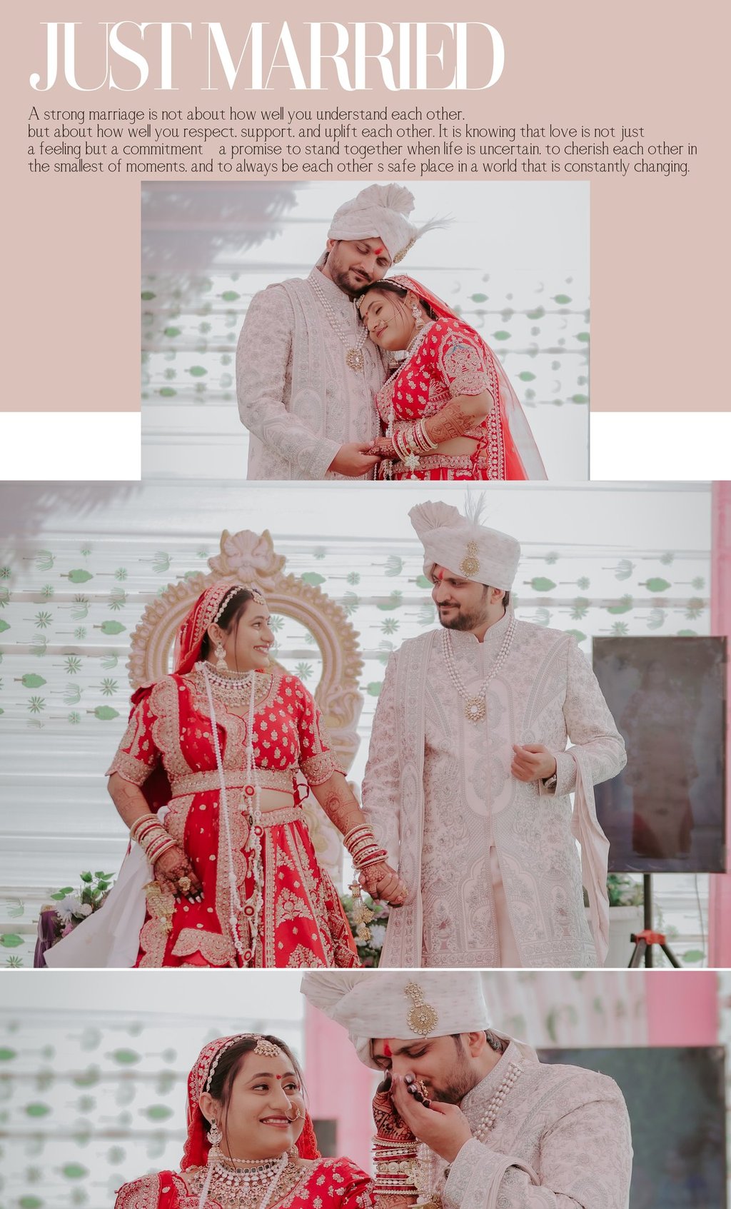 Collage of wedding moments: Just Married couple holding hands and groom kissing bride's hand.
