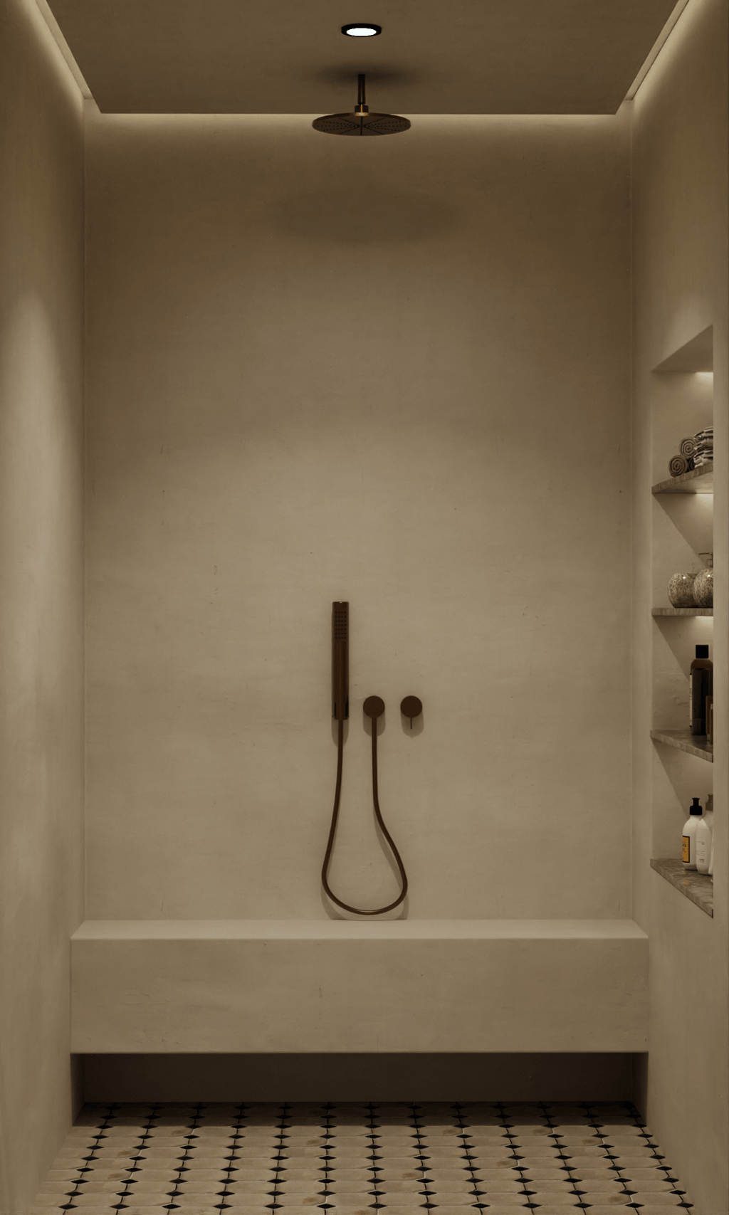 Minimalist shower area with shelves and a handheld showerhead.