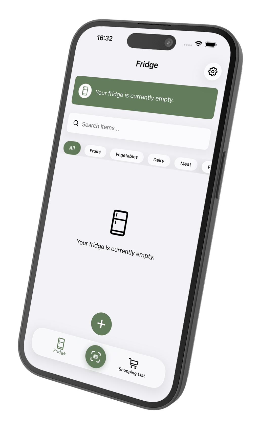 ReFridge app showing an empty fridge inventory screen.