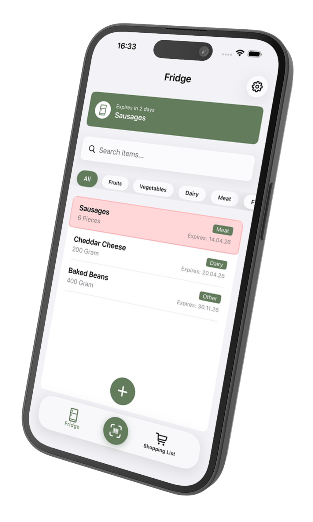 ReFridge app showing fridge inventory with expiration tracking.