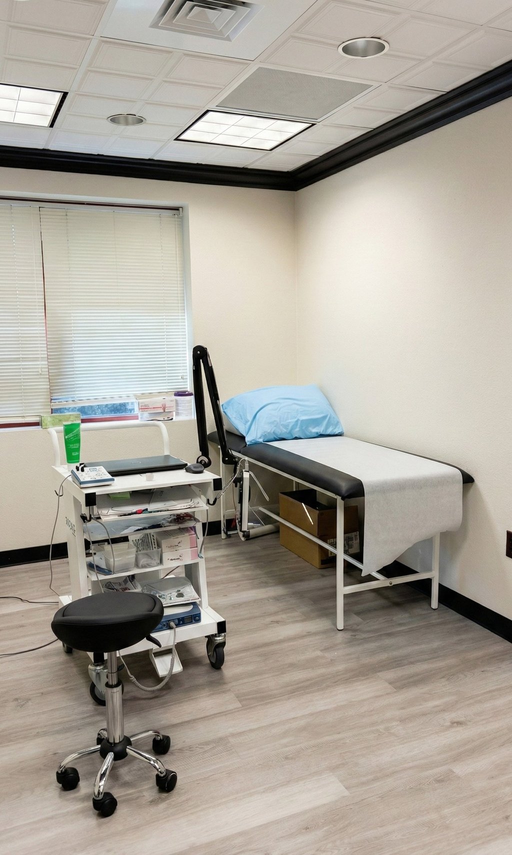 Neurology exam room with examination table and diagnostic equipment for neurological evaluations.