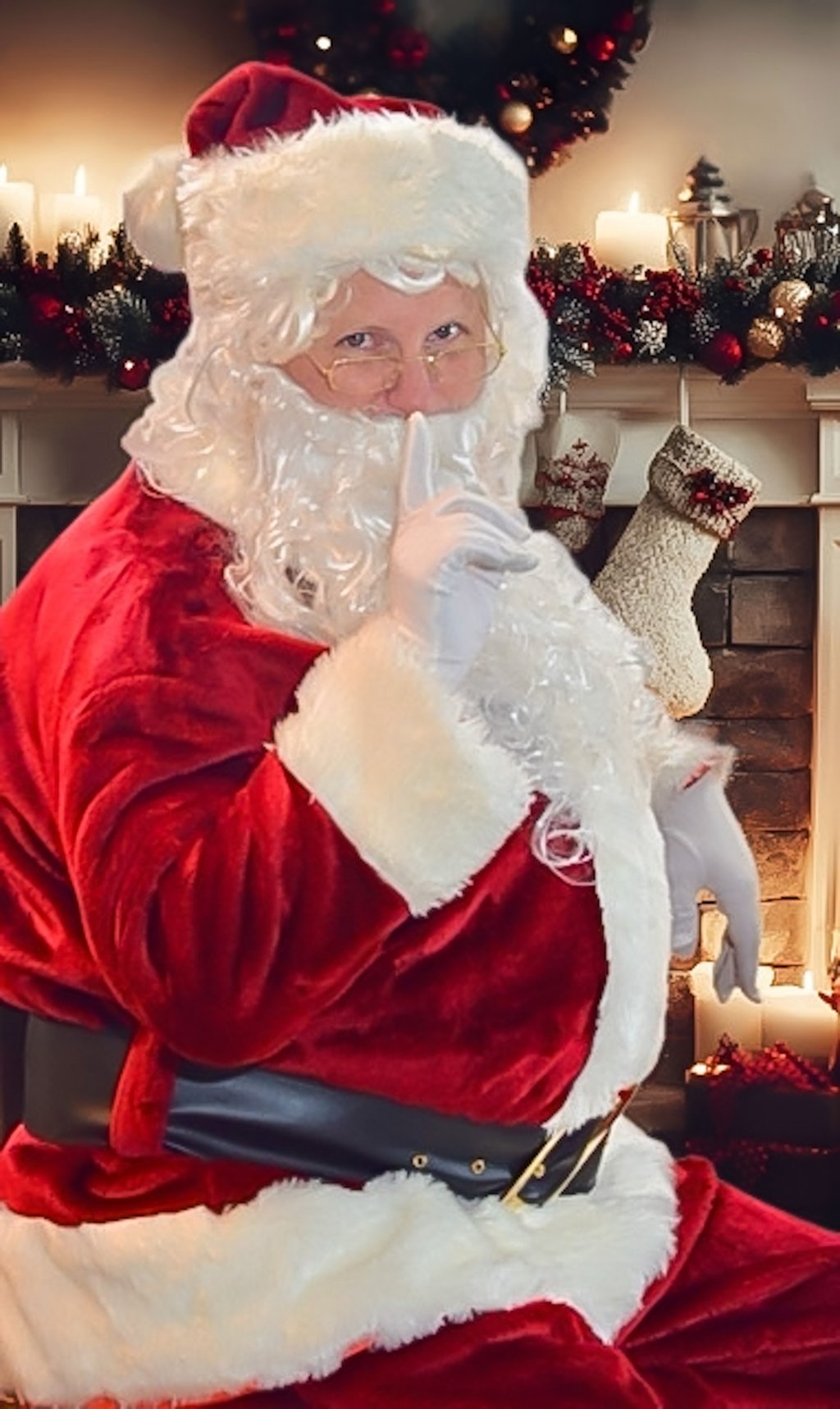 Santa Claus in a red suit making a shushing gesture by a festive Christmas fireplace.