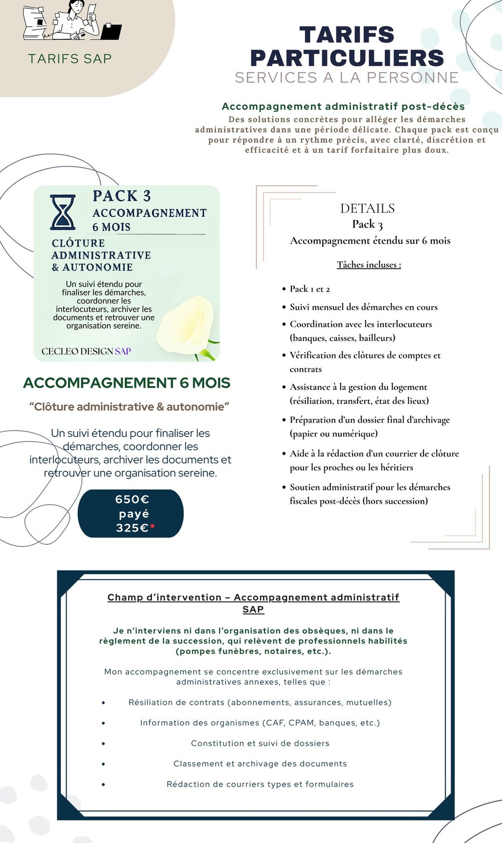 tarifs particulier pack / forfait 3 accompagnement 6 mois - deces - premiers gestes administratifs