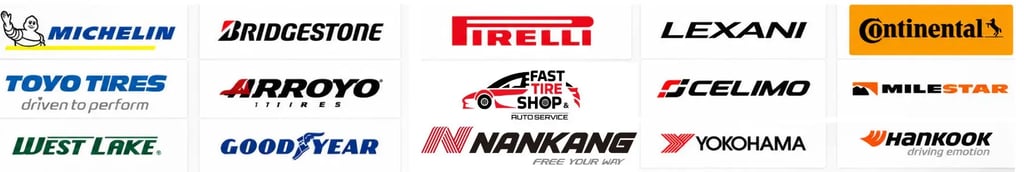 Professional tire brands banner for Fast Tire Shop featuring Michelin, Bridgestone, Lexani, Continen