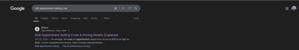 Screenshot of position 1 ranking for "b2b appointment setting cost"