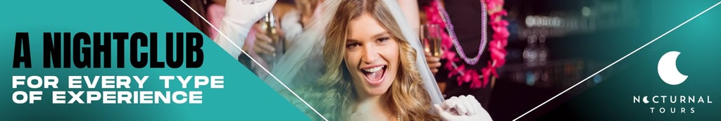 Smiling woman at a nightclub with a bachelorette party, enjoying the vibrant atmosphere.