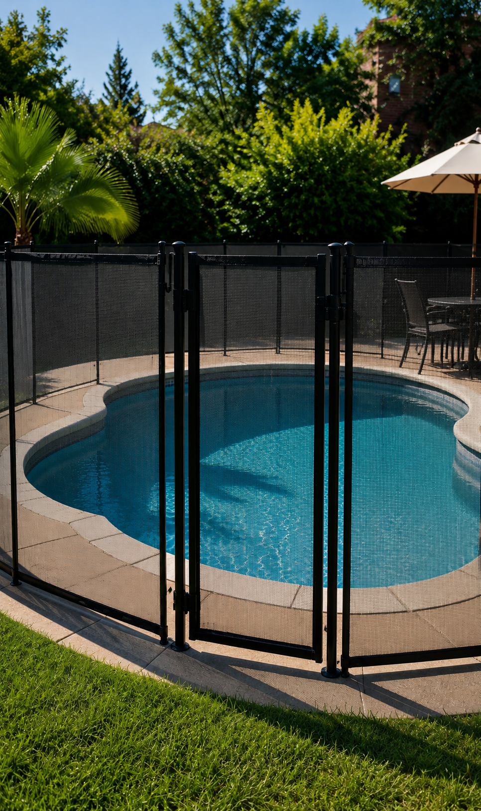 Black mesh child safety pool fence surrounding a residential backyard swimming pool with secure self-closing gate.