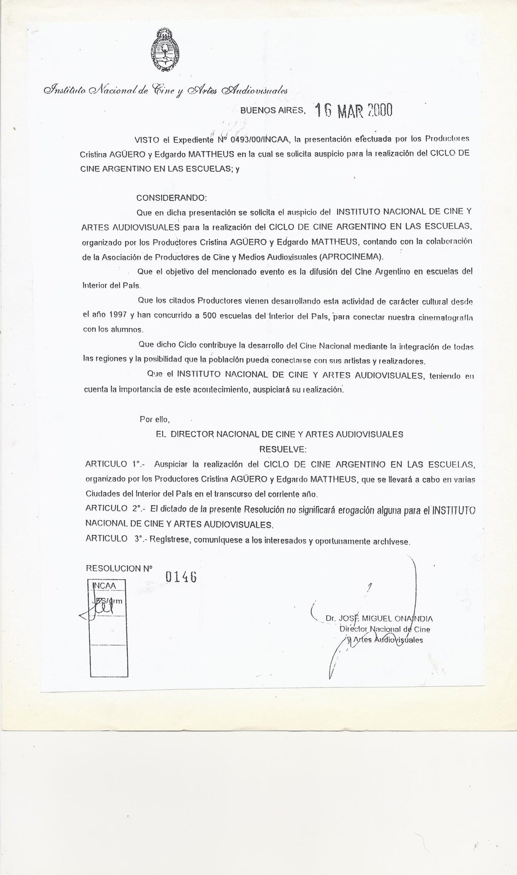 Auspicio Instituto Nacional de Cine y Artes Audiovisuales