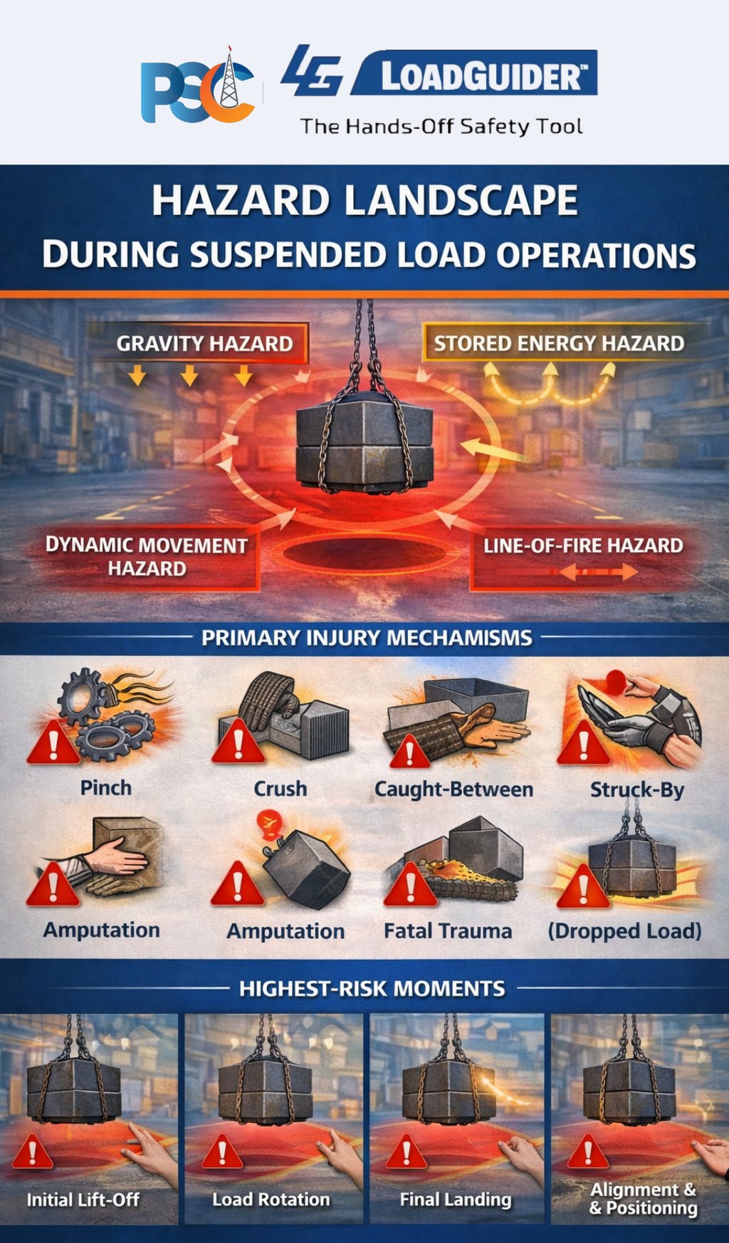 Hands-free lifting safety website design for PSC LoadGuider push pull stick with blue footer and cle
