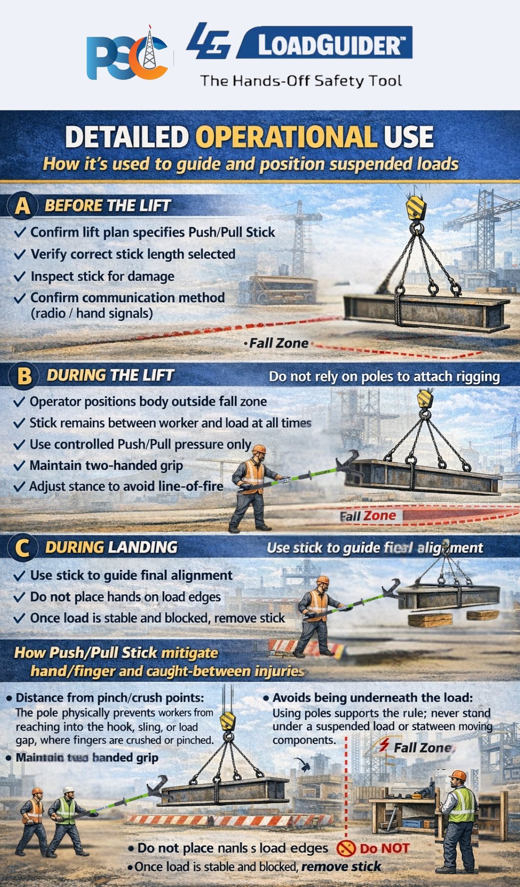 Hands-free lifting safety website design for PSC LoadGuider push pull stick with blue footer and cle