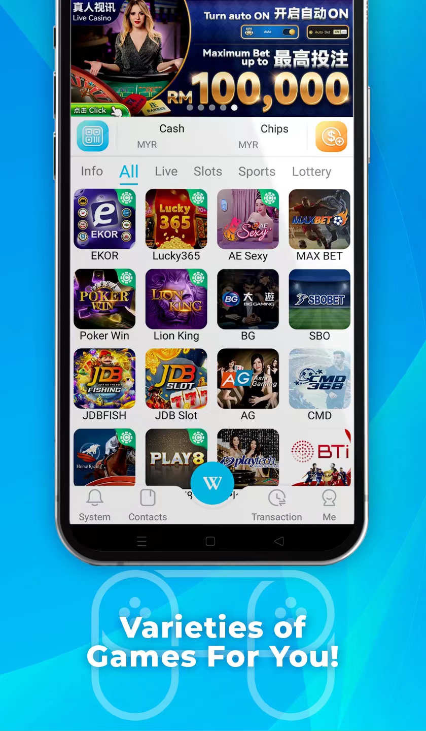 A lively casino scene featuring a row of bright, colorful slot machines with themes like Monopoly, M