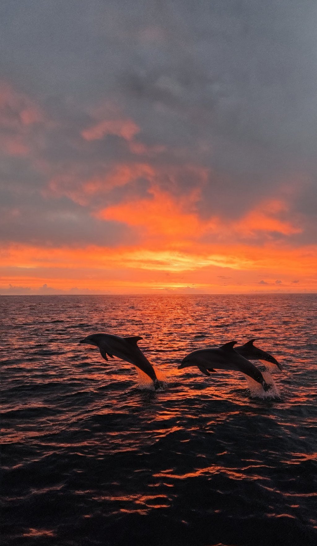Dauphins sautant hors de l'eau au lever du soleil.