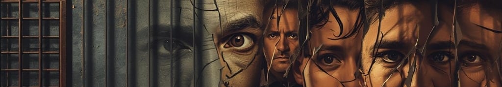 Dictaduras y Realidad banner featuring intense faces behind bars and broken glass shards.