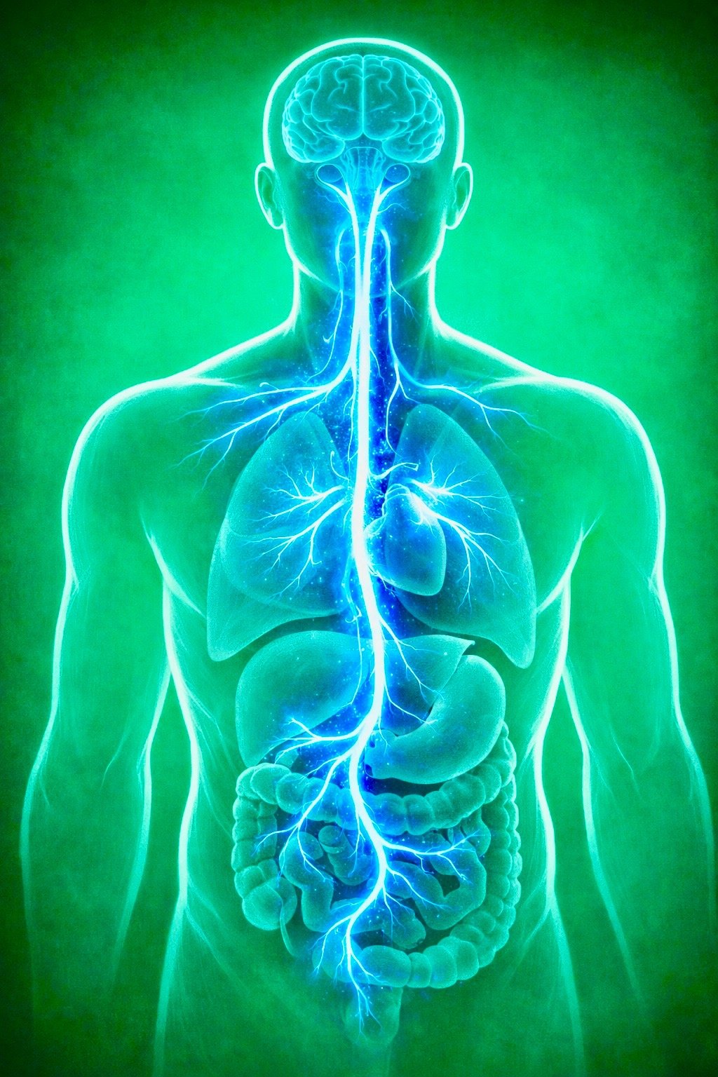 Human silhouette showing the trajectory of the vagus nerve through the body
