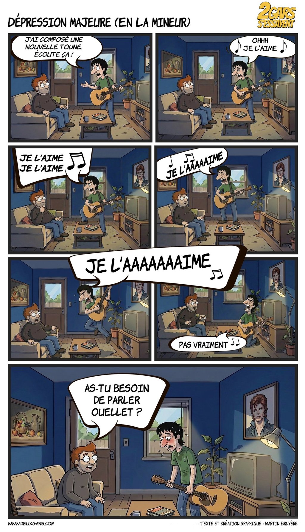 Comic strip of a man playing acoustic guitar for a friend, transitioning from joyful singing to emotional distress.