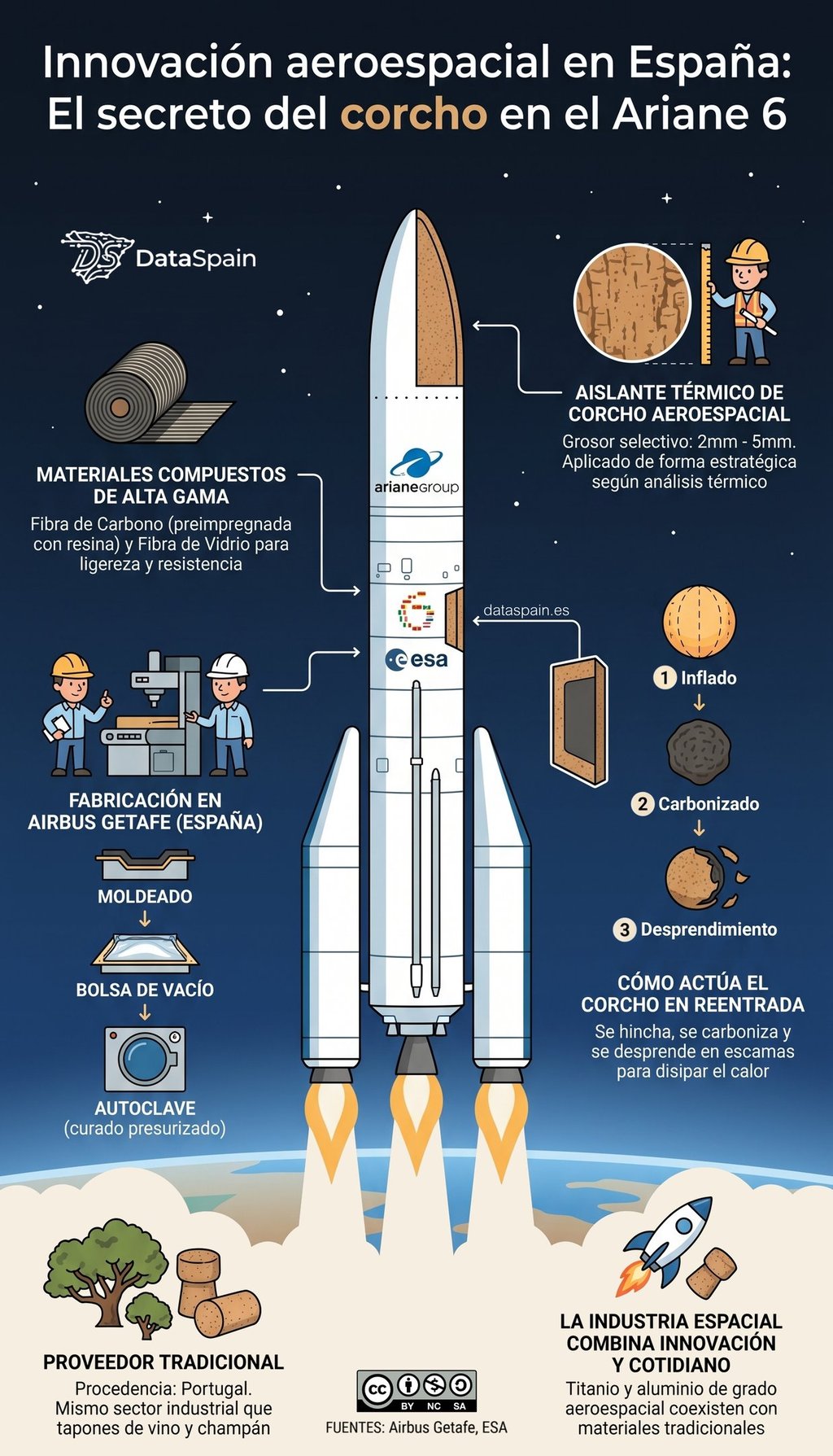 Infografía del secreto del corcho en el Ariane 6: Innovación aeroespacial en España