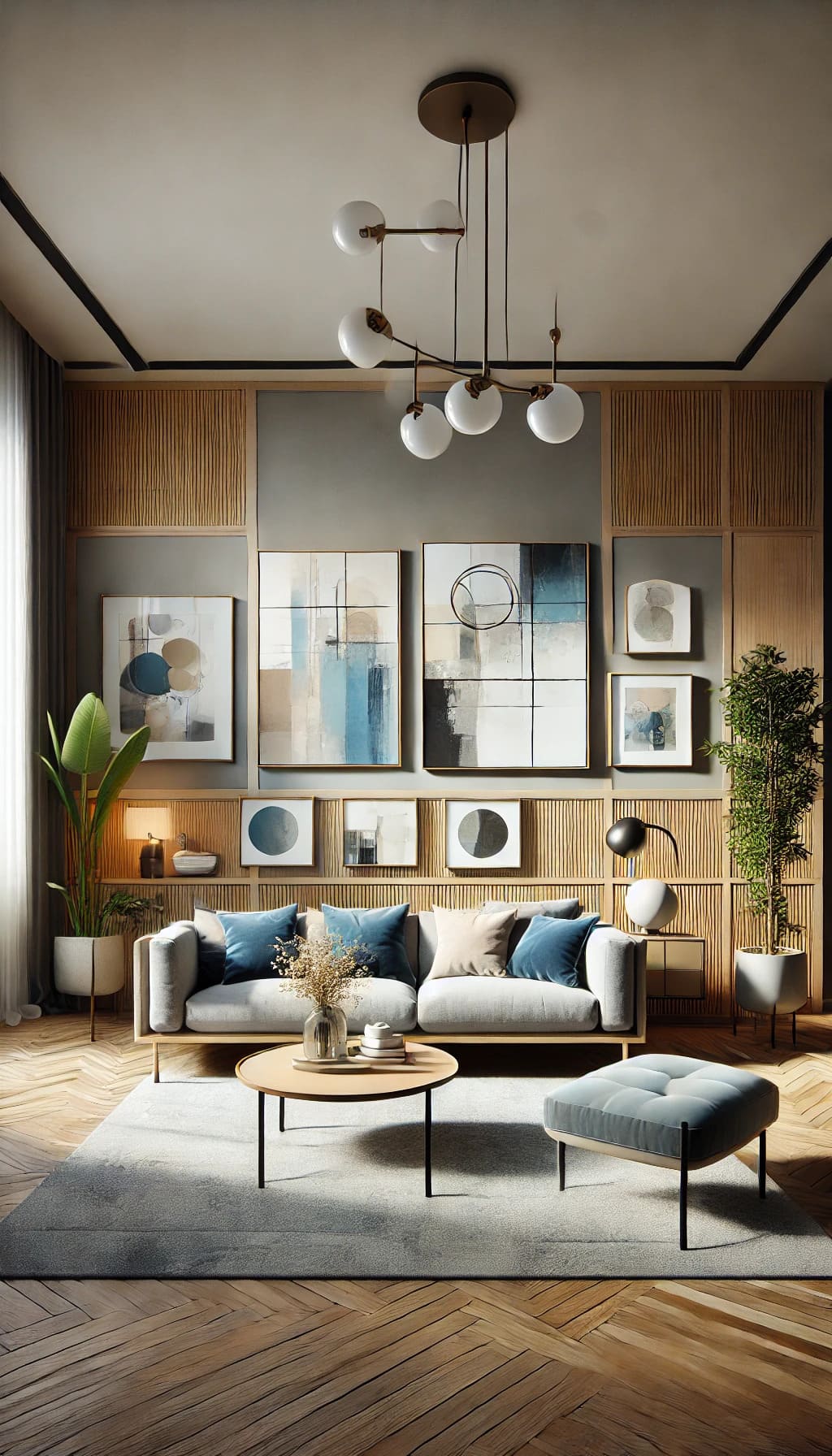 Sala de estar moderna com decoração artística, quadros abstratos em tons de azul e cinza na parede