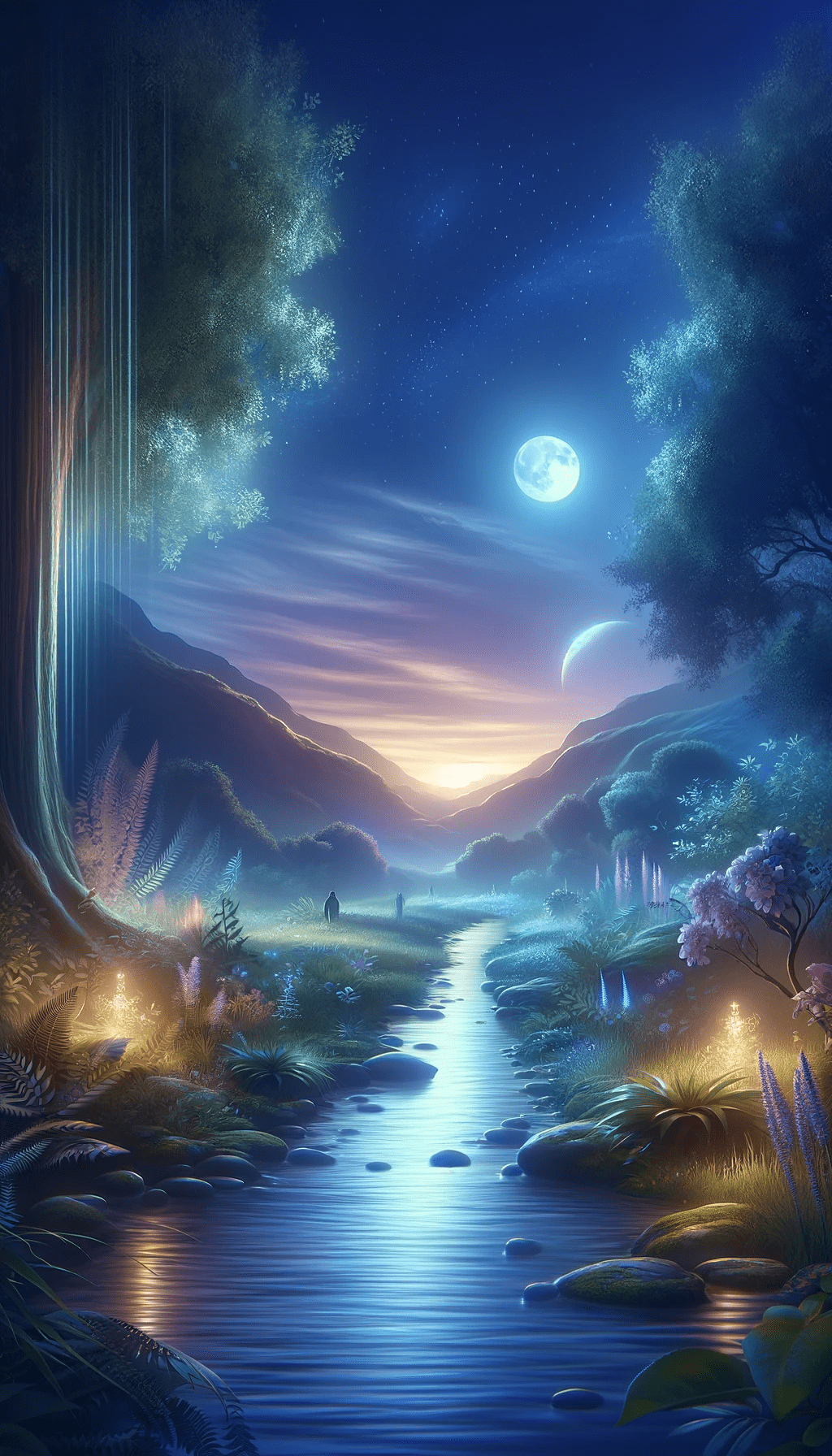 a river scene with a full moon and a full moon