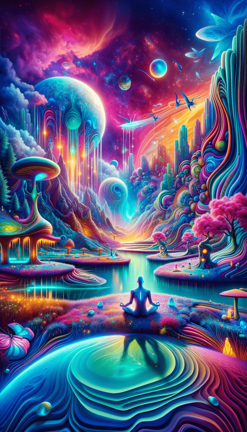 a man sitting in a lotus position on a colorful psychedelic psychedelic psychedelic psychedelic psychedelic psychedelic