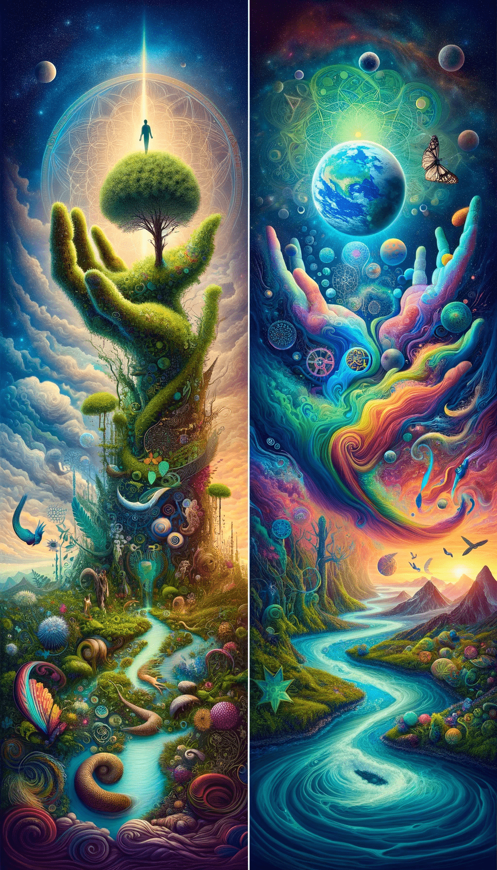 two paintings of a man holding a tree
