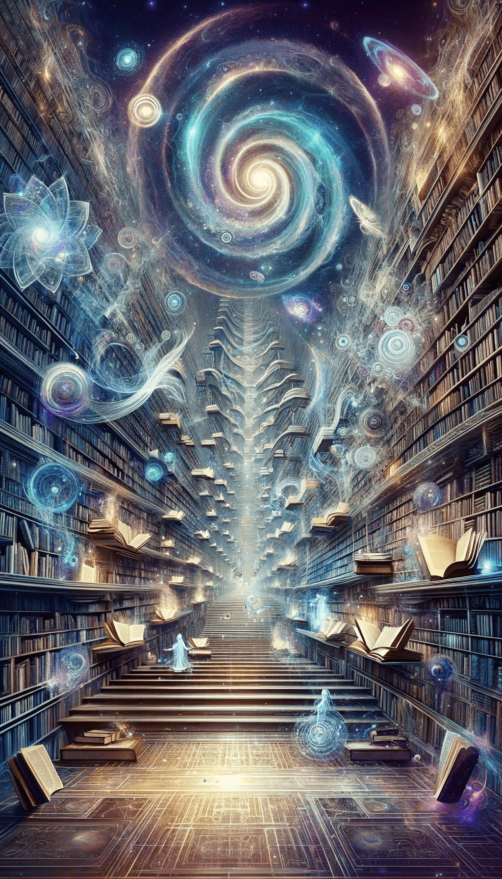 a bookcase with a spiral staircase leading to a spiral staircase