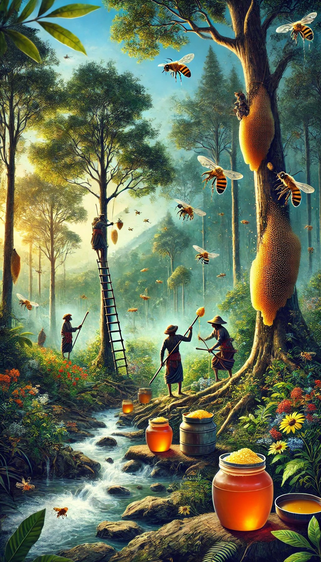 Beekeepers harvesting wild honey from giant beehives in a lush tropical forest landscape with flying bees.